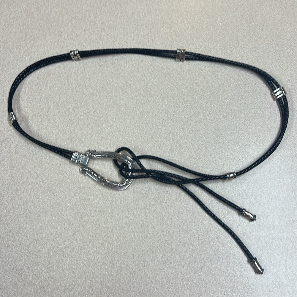 LEATHER DOUBLE ROPE BELT, tie buckle, silvertone 46” long